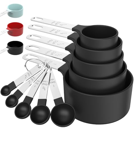 Measuring Cups & Spoons Set, Stackable Cups and Spoons | Nesting Measure Cups with Stainless Steel Handle, Kitchen Gadgets for Cooking & Baking (Black)