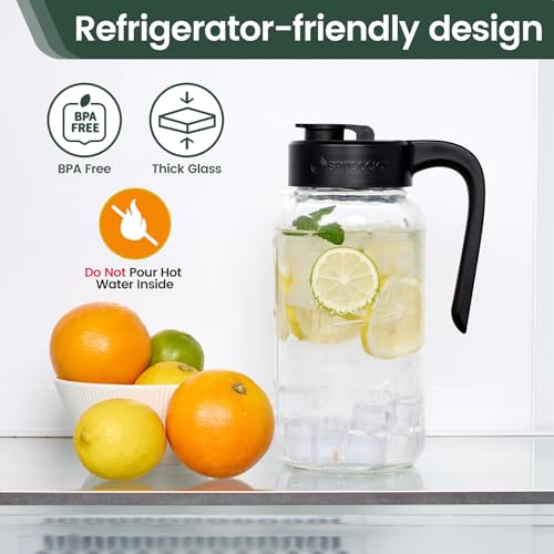 Spreccio Mason Jar Pitcher, 64 oz (2 quart), Glass Pitcher with Lid | Airtight, Leak proof, Ergonomic Handle, Pour Spout Lid, Fridge Safe, for Sun Tea, Iced Tea, Cold Brew, Lemonade, Outside