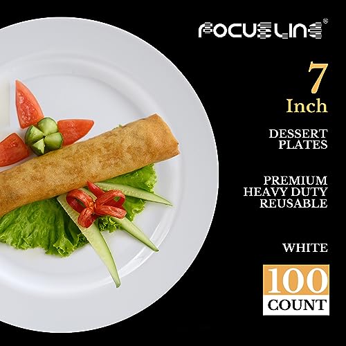 FOCUSLINE 100 White Plastic Plates, 7" Small Disposable Dessert Plates | Disposable Heavy Duty Dessert Plates, Premium Hard Plastic Plates Disposable Salad Plates for Weddings, Parties and Events