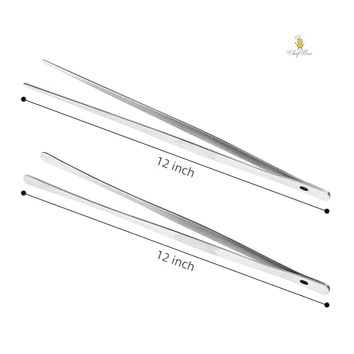 ChefBee 2PCS 12" Stainless Steel Kitchen Tongs Tweezers with Serrated Tips | Precision Grip, Chef Grade, Sturdy Kitchen Utensils, For Serving Food Pasta Salad, Suitable for Grill BBQ Culinary Use