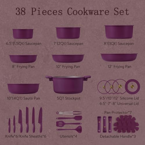 CAROTE 38pcs Pots and Pans Set with Knife, Detachable Handle Cookware