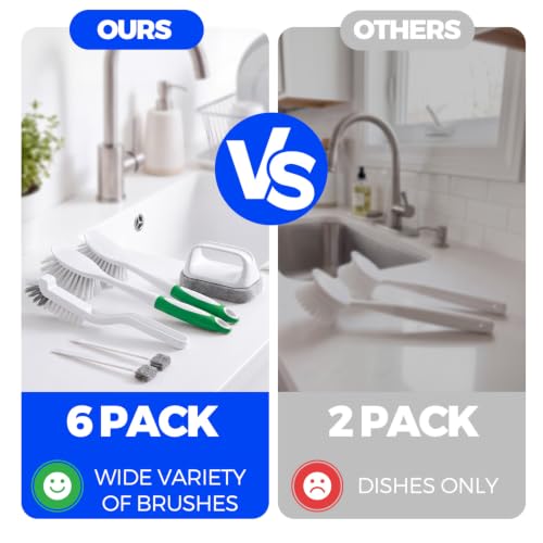 Holikme 6 Pack Dish Brush Set with Handle for Cleaning, Green | Kitchen Scrub Brushes for Cleaning, Dish Scrubber with Stiff Bristles & Scouring Pad for Sink, Pots, Pans, Bottles