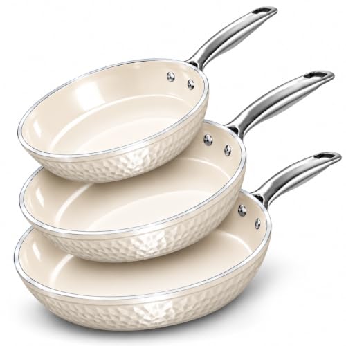 GOTHAM STEEL Hammered 3 Pc Titanium Ceramic Nonstick Frying Pans Set, White