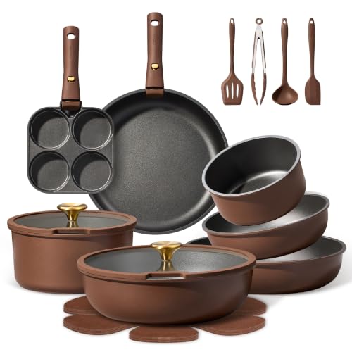 CAROTE 21pcs Pots and Pans Set, Nonstick Cookware Set Detachable Handle, Induction Kitchen Cookware Sets Non Stick with Removable Handle, RV Cookware Set, Oven Safe, Brown