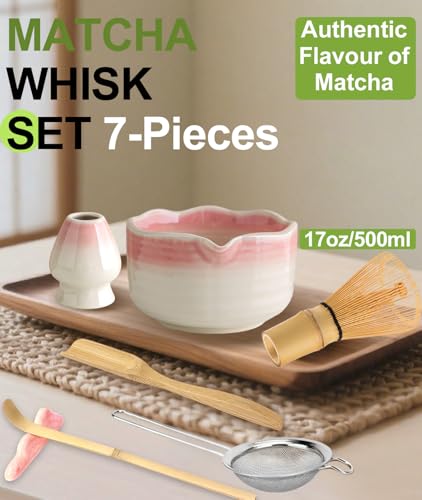JBER Matcha Whisk Set, 7PCS Matcha Set with Bamboo Whisk and Ceramic Bowl | Complete Matcha Kit Includes 17oz Bowl, Handmade Whisk 100 Prongs, Holder, Spoon, Sifter for Matcha Lovers, Gradient Pink