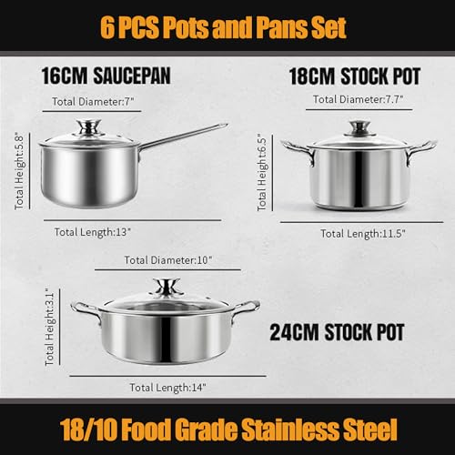 Stainless Steel pots and pans set, 6 PCS Nonstick Induction Cookware Set