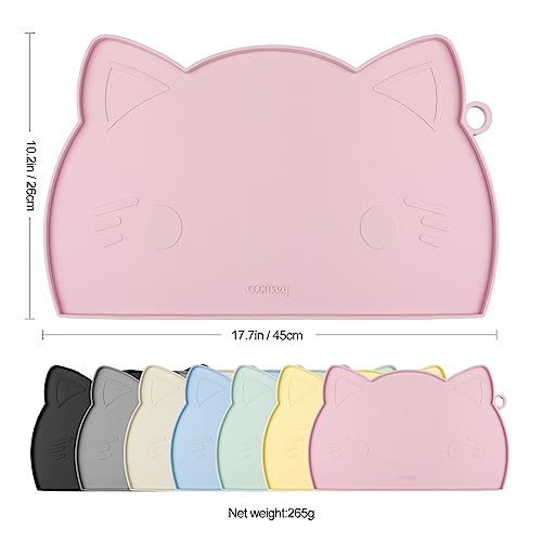 Coomazy Cat Food & Water Mat Thicker Non-Slip Silicone Mat with Raised Edge | Pink water food bowl mat,Feeding Fountain mat for indoor cats
