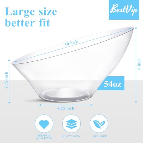 BESTVIP 54 Oz Clear Plastic Angled Serving Bowls, 12 Pack | Disposable Bowls for Chips, Snacks, Fruit & Salad, Perfect for Parties, Catering, Daily Use, Halloween & Christmas