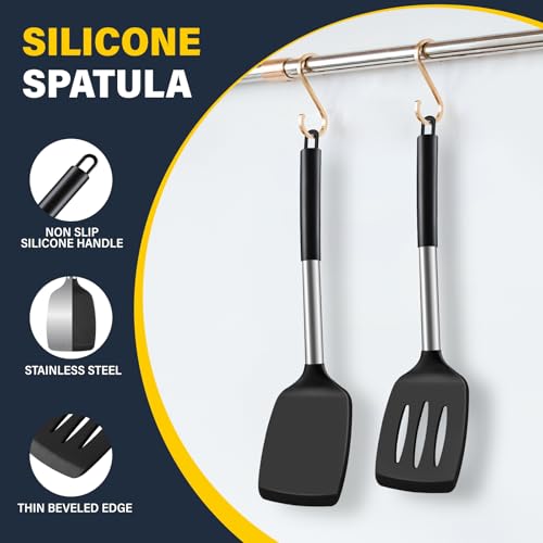 2 Pack Silicone Spatula Set, Solid & Slotted Turner for Non-Stick Pans | Dishwasher Safe, BPA-Free Silicone Cooking Utensils for Fish, Eggs, Pancakes, High Heat Resistant, Black