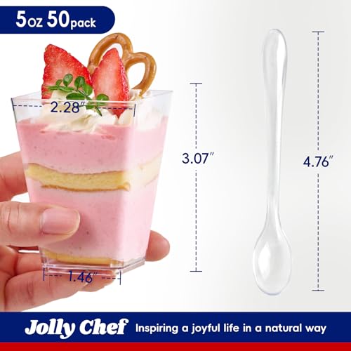 JOLLY CHEF 5 oz Plastic Dessert Cups with Lids and Spoons 50 Pack | Plastic Yogurt Parfait Appetizer Cup for Party, Clear Mini Dessert Shooter for Pudding Fruit Trifle Ice Cream