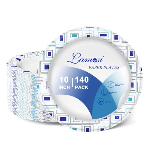 Lamosi 10 Inch Disposable Paper Plates, 140 Count Disposable Plates | Soak and Cut Proof Printed Heavy Duty Paper Plates for Everyday Use, Party, Wedding, Picnic, Family Gatherings