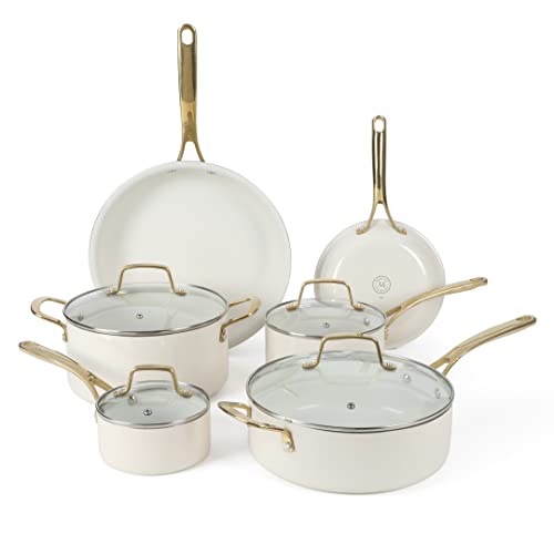 Martha Stewart Lockton Premium Non stick Non Toxic PFA Free Ceramic Interior 10 Piece Heavy Gauge Enamel Aluminum Pots and Pans Cookware Set - Linen White w/Gold Handle