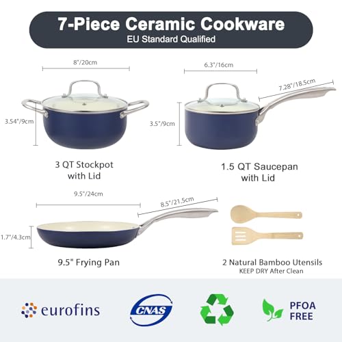 M MELENTA Pots and Pans Set 7 piece, Non Stick Blue Ceramic Cookware Set