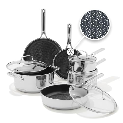 OXO Hybrid 10 Piece Cookware Pots & Pans Set, PFAS-Free Ceramic Nonstick, Fusion Boost Tech for Powerful Searing, Induction & All Cooktop Compatible, Dishwasher Safe, Mirror Polished Tri-Ply