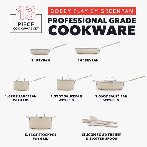 GreenPan x Bobby Flay 13 Piece Ceramic Nonstick Cookware Set, Cream White