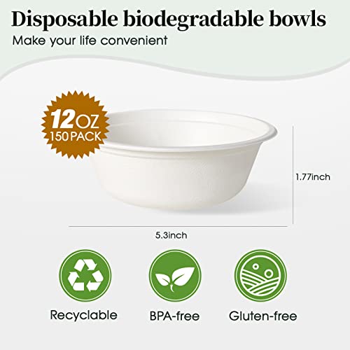 ECOLipak 150 Pack 12 oz Compostable Paper Bowls Disposable, White | Heavy-Duty Biodegradable Bowls Made of Natural Sugarcane Bagasse, Perfect for Milk Cereals, Snacks, Salads, Desserts, Soups