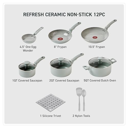 T-Fal Refresh Ceramic Nonstick Pots and Pans Set, 12-Piece, Moon Grey