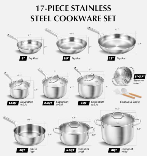 KOCH SYSTEME CS Stainless Steel Cookware Set 17 Piece with 5 Layer Base, Professional 18/10 Stainless Steel Pots and Pans Set, Oven Safe, Induction Ready, Non-Toxic Kitchen Cookware Set