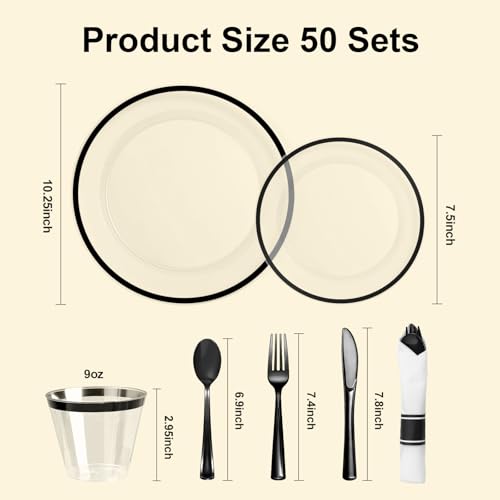 BESTSTAR 350 PCS Clear and Black Disposable Plastic Plate Set for 50 Guests | 100 Plastic Plates, 50 Plastic Cups, 50 Pre-Rolled Napkins with Cutlery for Halloween, Graduation Party, Birthday