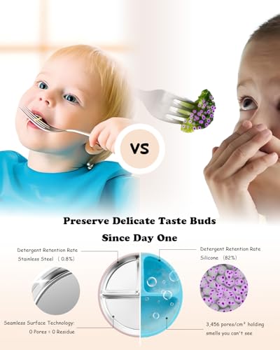 Bakpoco Stainless Steel Suction Plates for Toddlers, 8" Divided Kids Baby Plates with Removable Silicone Suction, Non Toxic Non Slip Portion Control Snack Dishes 3 Packs, Pink Beige Lilac