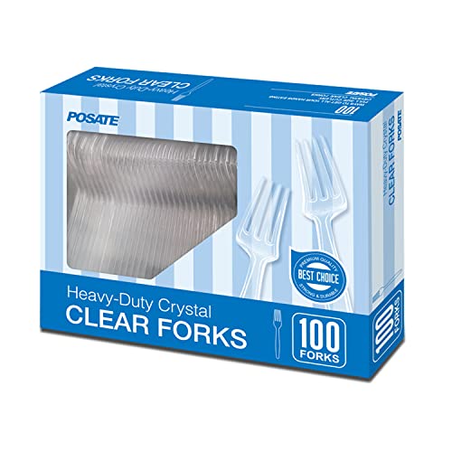 POSATE Plastic Forks Heavy Duty, Clear Disposable Silverware 100 Count | BPA-Free, Heat Resistant Heavyweight Forks Quality Cutlery Sturdy Utensils for Wedding Party