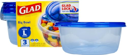 Glad GladWare Big Bowl Food Storage Containers, Large Round, 48 Oz, 3 Count | Lock-tight seal for soups, salads, and meal prep in a large round format, microwave and dishwasher safe