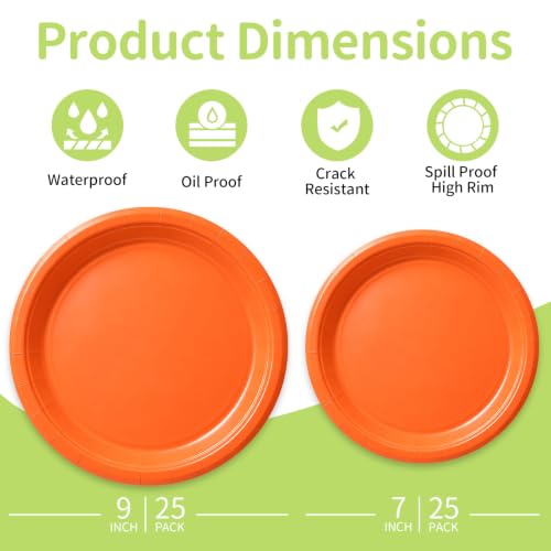 LANLISA Orange Paper Plates - Disposable Plates for Party, 25-9" & 25-7" | Dessert Cake Dinner Plates for Birthday, Halloween, Thanksgiving, Fall, Graduation
