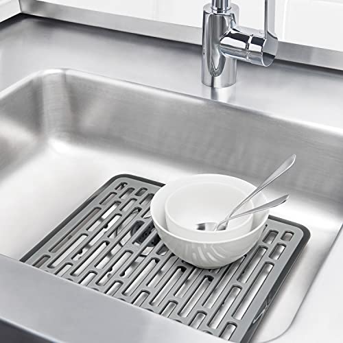 OXO Good Grips Small Kitchen Sink Mat with Drain Holes, Silicone Sink Mat | Non-Slip Rubber Sink Bottom Mat, Protects Dishes And Sink, Kitchen Sink Protector, Drain Holes, Gray