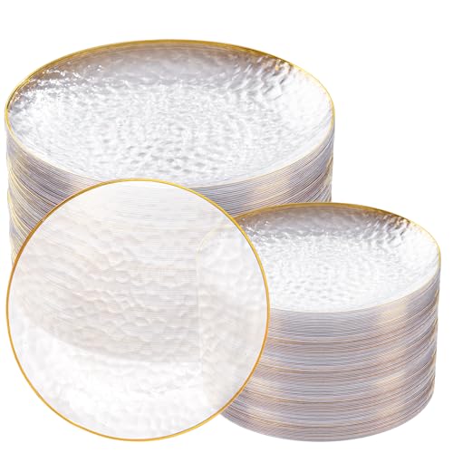 Rubtlamp 100Pcs Clear Gold Plastic Plates, Disposable Plates With Gold Rim, Heavy-duty Party Platos, Hammered Plastic Plates Include 50 Clear Dessert Plates, 50 Dinner Plates for Party