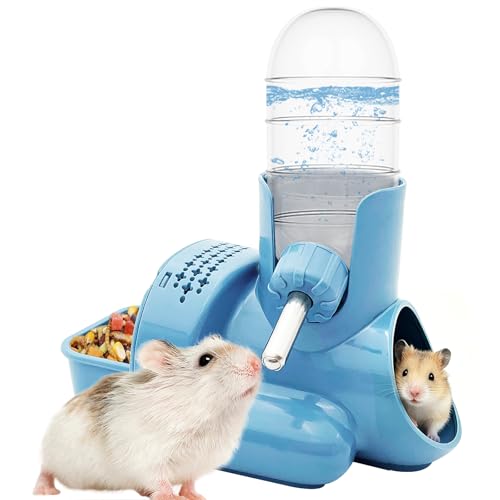 VANNON 3-in-1 Hamster Water Bottle with Food Bowl & Hideout Base, Blue | Feeding station combines water, food and hideout space to help keep hamster cages organized and easy to maintain.
