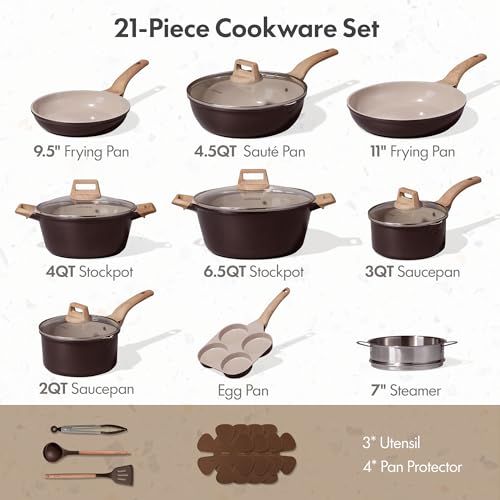 CAROTE 21pcs Ceramic Cookware Sets, Pots and Pans Set