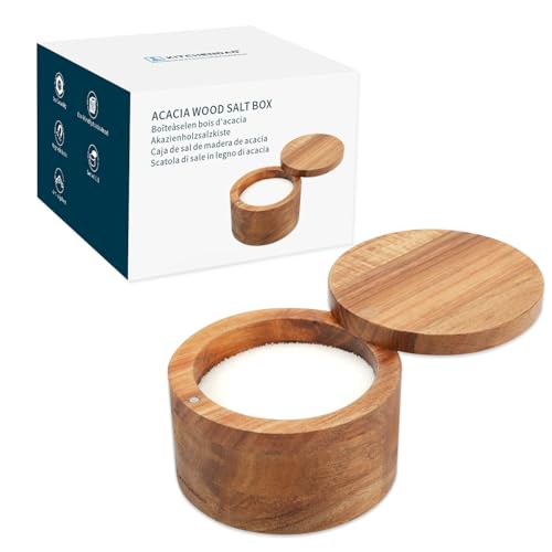 KITCHENDAO Acacia Wood Salt Cellar Bowl Box, Elegant Kitchen Holder Container with Swivel Magnetic Lid to Store Favorite Seasonings Pepper Spice or Bath, 6oz