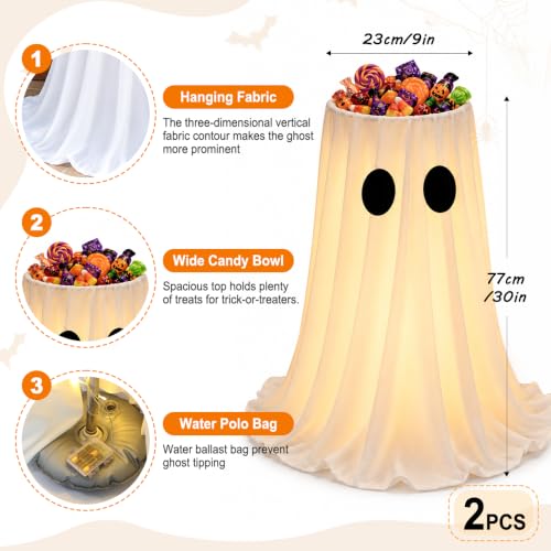 Celltestria 2PCS Halloween Glowing Ghost Candy Bowl Holder for Outdoor | 8 Lighting Modes Halloween LED Ghost Candy Holder Stand for Front Door Porch Outdoor Indoor Party Decor