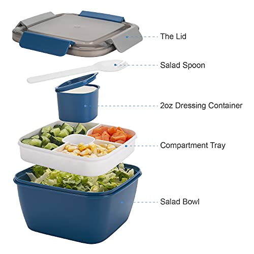 Salad Lunch Container To Go, BPA-Free 52-oz Salad Bowls to go for lunch | Salad containers for lunch with 3 Compartments, Salad Dressings Container for Salad Toppings, Snacks, Men, Women (Blue)