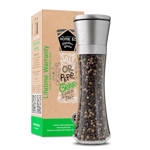 HOME EC Original Stainless Steel Salt or Pepper Grinder 1pk - Adjustable Ceramic Sea Salt Grinder or Pepper Mill - Tall Glass Spice Shaker - Spice Mill w/EBook