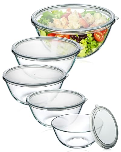 Glass Mixing Bowls with Lids Set of 5(4.78QT,2.2QT,1.7QT,1.1QT,0.85QT),Thick Glass Nesting Bowls for Kitchen Baking,Cooking Prep,Storage,Serving,Large Salad Bowls,Dishwasher Microwave Freezer Safe
