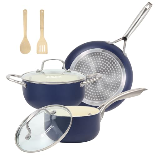 M MELENTA Pots and Pans Set 7 piece, Non Stick Blue Ceramic Cookware Set