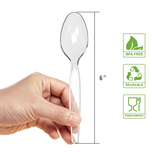 POSATE Plastic Spoons Heavy Duty, Clear Disposable Silverware 100 Count | BPA-Free, Heat Resistant Heavyweight Spoons Quality Cutlery Sturdy Utensils for Party Dinner Lunch Butter Cake Wedding