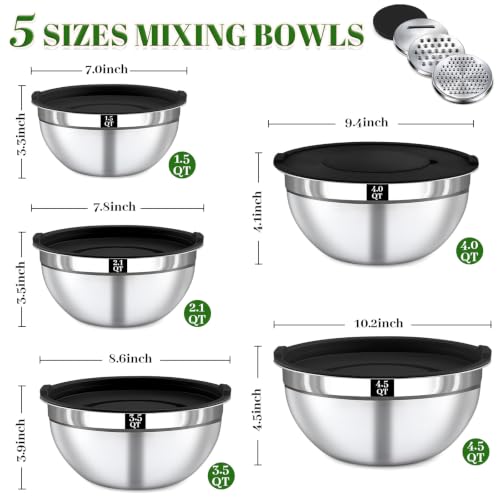 Boskermeal 8PCS Mixing Bowls with Lids Set - 5 Nesting Mixing Bowls, 3 Grater Attachments, Lids, Stainless Steel Mixing Bowls for Mixing & Serving, Size 1.5/2.1/3.5/4/4.5 QT, Black