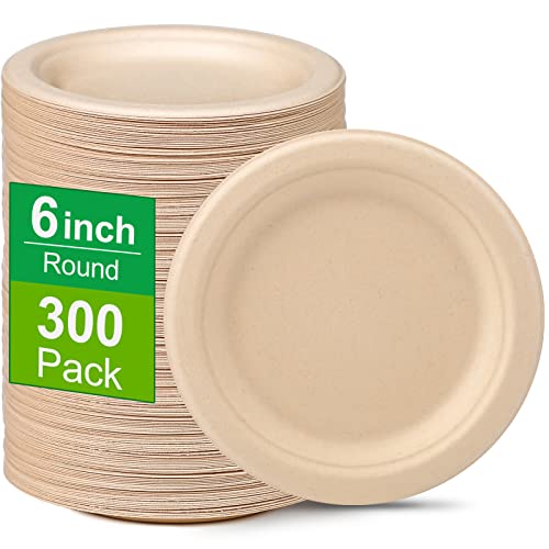 Greconv 300 Pack 6 inch Paper Plates, Small Paper Plates Bulk, Brown | Disposable Dessert Plates, Compostable Plates Made from Sugarcane Fibers, Recycled Plates for Dessert Cake Appetizer