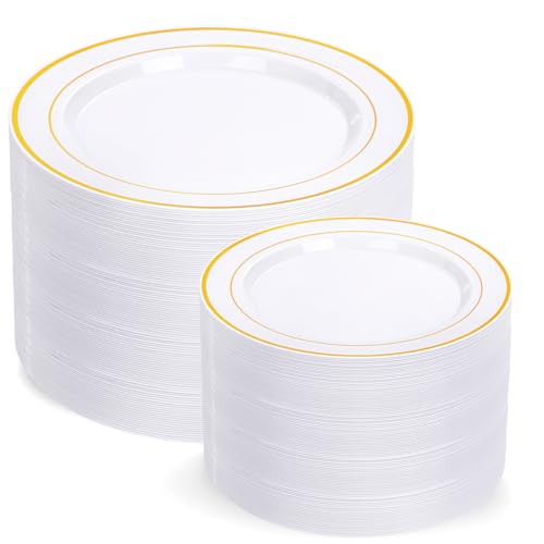 I00000 200 Pcs Gold Plastic Plates, Premium Disposable Gold Plates | Gold Rimmed Plastic Plates, BPA Free, Perfect for Wedding, Birthday, Holidays, Party, 100 Dinner & 100 Dessert Plates