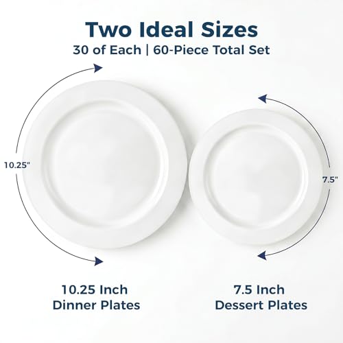 Ricvan Disposable White Plastic Plates 60 Pack, Microwave, Dishwasher Safe | Set for 30 Guests: 30 Dinner Plates and 30 Dessert Plates, Parties, Weddings, BBQs and Family Meals