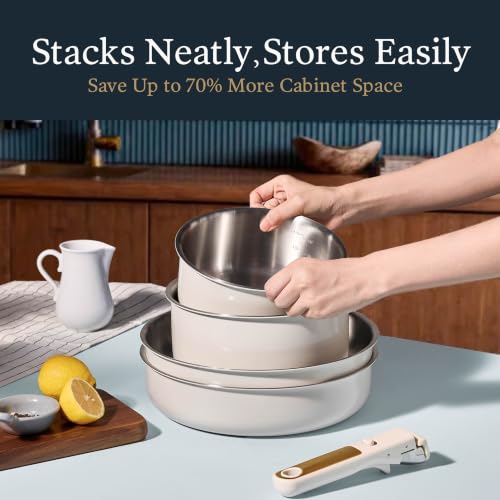 CAROTE 21pcs Tri-Ply Stainless Steel Cookware Set with Detachable Handle