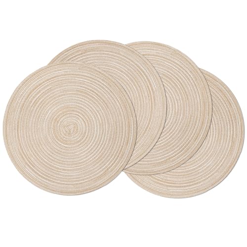 SHACOS Round Braided Placemats Set of 4 Washable Place Mats for Dining Tables 15 inch Non Slip Kitchen Table Mats (Beige, 4)
