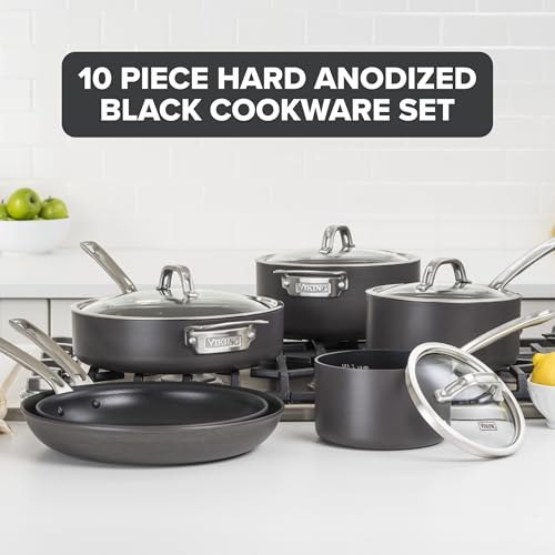 Viking Pots and Pans Set Non Stick, 10 Piece Hard Anodized Kitchen Cookware with Glass Lids, Black