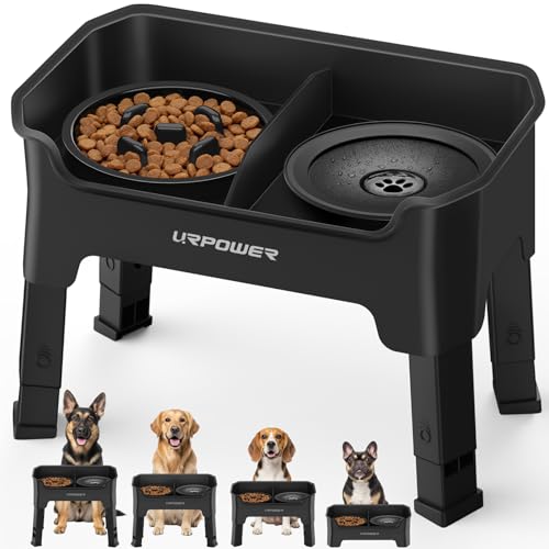 URPOWER Mess Proof Elevated Dog Bowls 4 Height Adjustable Raised Stand | No Spill Water Bowl, Slow Feeder Dog Bowls, Non-Slip Food and Water Bowl Set for Small, Medium & Large Dogs