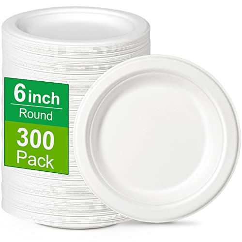 Greconv 300 Pack 6 inch Paper Plates, Small Paper Plates Bulk, White | Disposable Dessert Plates, Compostable Plates Made from Sugarcane Fibers, Recycled Plates for Dessert Cake Appetizer