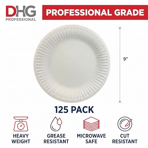 DHG PROFESSIONAL The Heavy Weight Standard 9-Inch Grease Resistant Paper Plates coated, White 125 Plates