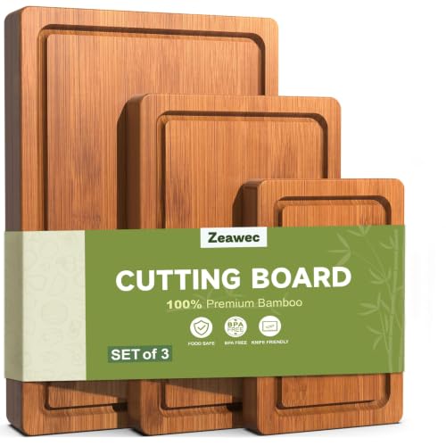 3-Piece Set Deep-Carbonized Bamboo Cutting Board for Kitchen, Carbonized | Crack-Resistant Wood Chopping Boards with Deep Juice Grooves, Pre-Oiled Butcher Block for Meat, Vegetables & Cheese