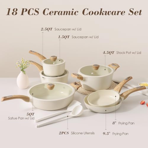 SENSARTE Ceramic Pots and Pans Set Nonstick, Induction Cookware Sets, 18-Piece Non-toxic Cookware, Healthy Non Stick Kitchen Cooking Set, with Frying Pans Set, PFAS PTFE PFOA PFOS Free, White